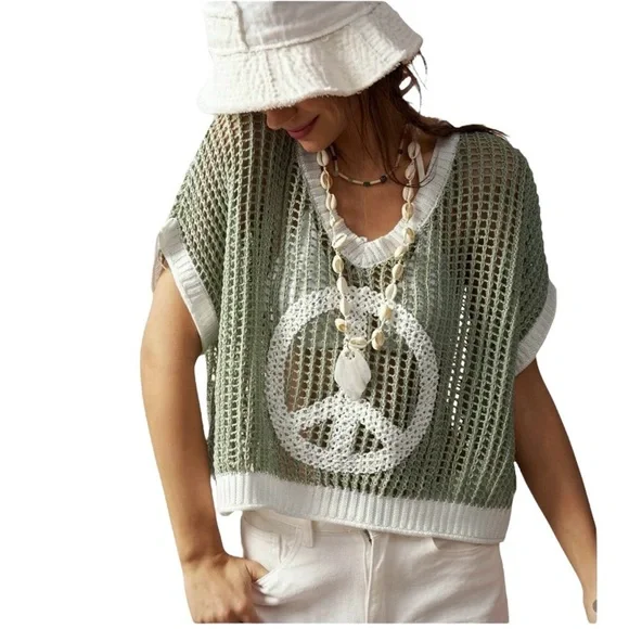 Open Crochet Oversized Peace Sign Shirt Women's Green Knit Top New w/ Tags Sz L - Picture 12 of 16